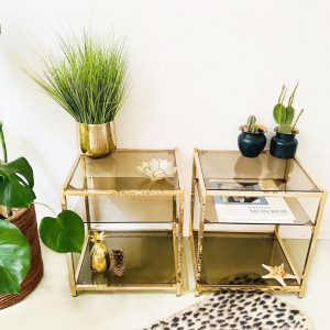 Vintage messing bijzettafel rookglas Hollywood Regency - Afbeelding 3