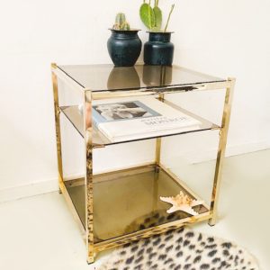 Vintage messing bijzettafel rookglas Hollywood Regency - Afbeelding 2