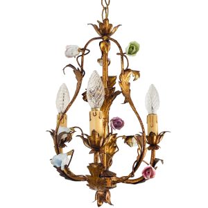 Vintage Italiaanse Roosjes Porselein Kroonluchter Goud Verguld