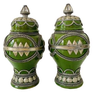 Set Marokkaanse keramische dekselvazen groen filigraan zilvernikkel