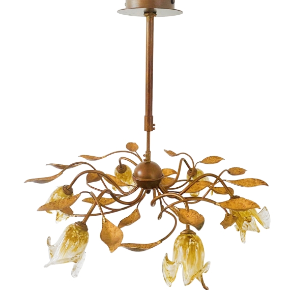 Vintage XL Italiaanse Murano plafondlamp goud lelie bloemen 1990's