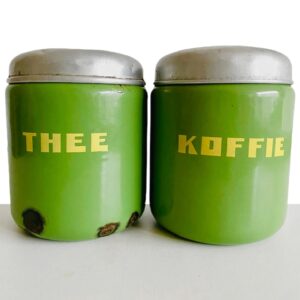 Vintage emaile koffie- en thee blikken groen 1920's