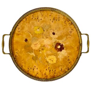 Vintage Messing Italiaans Houten Dienblad rond Met Ingelegd Hout Sorrento 1940’s