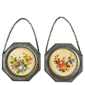 Antieke Italiaanse sierbordjes porselein tin set handgeschilderd 1900's