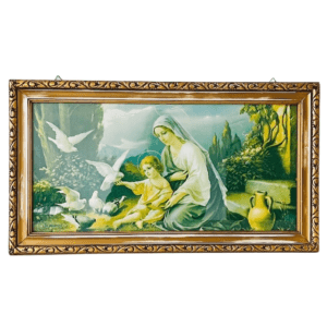 Vintage Religieus schilderij ingelijste prent Madonna van de duiven 1960's