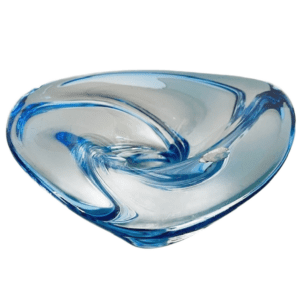 Mid-century XL Val Saint Lambert Patelle Torsade schaal blauw glas René Delvenne 1950's