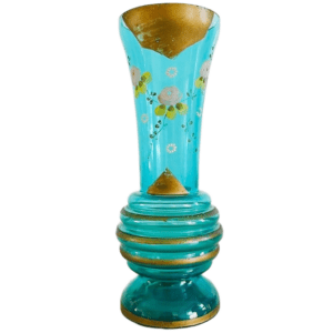 Antieke Victoriaanse Art nouveau vergulde gouden handbeschilderde glazen turquoise vaas 1900's